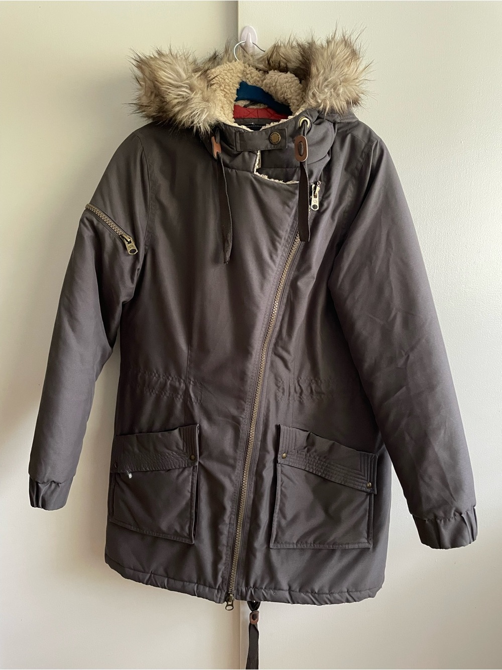 BUFFALO David Bitton Asymmetric Faux Fur Hooded Parka Jacket Large Charcoal Rust
